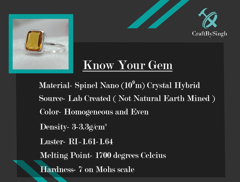 May include: A yellow gemstone ring with a square-shaped stone. The ring is made of silver and has a simple band. The image includes text describing the gemstone's properties, including its material, source, color, density, luster, melting point, and hardness.