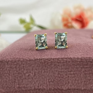 Radiant Cut Green Amethyst 7x9mm Stud Post Earrings, 14k Gold Vermeil Prasiolite Stud Earrings, Wedding Earrings, Anniversary Gift For Her