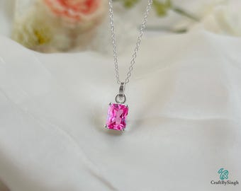 Striking Pink Tourmaline 7x 9mm Radiant Cut Necklace, 14k Gold Vermeil Minimalist Necklace, 925 Sterling Silver Solitaire Gift For Her