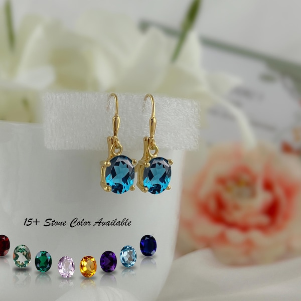 Stunning London Blue Topaz Oval Cut 8 x 10 Leverback Dangle Earrings, 14k Gold Vermeil Fine Handcrafted Earrings, Simple Everyday Earrings