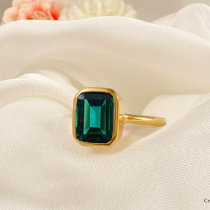 Green Blue Sapphire Ring, Emerald Cut 7 x 9 Bezel Set, 14k Gold Vermeil or Sterling Silver, Teal Sapphire Dainty Ring, September Birthstone