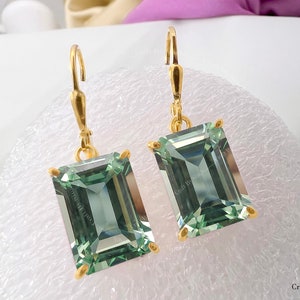 Green Amethyst Earrings, Prasiolite Earrings, Octagon Emerald Cut 10 x 14 Dangle Drop Earrings, 925 Silver or Gold Fill Leverback, Mom Gift