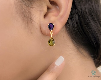 Amethyst and Citrine Pear Cut Droplet Earrings, S925, 14k Gold Vermeil Handcrafted Earrings, Personalized Earrings, Christmas Gift For Her