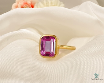 Roze toermalijnring, 925 zilver of 14k goudvermeil, smaragd geslepen 7 x 9 octagon roze toermalijn, alledaagse damesring, geboortesteen oktober