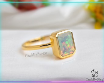 Ethiopian Opal Ring, Emerald Cut Opal Ring, 14k Gold fill Or Silver, Engagement Ring, Bridesmaid Ring, Dainty Minimalist Handmade