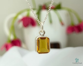 Dainty Citrine Pendant 14k Gold , 7x9mm Octagon Emerald Cut, Dainty Chain Everyday Pendant, Minimalist Women Pendant, November Birthstone