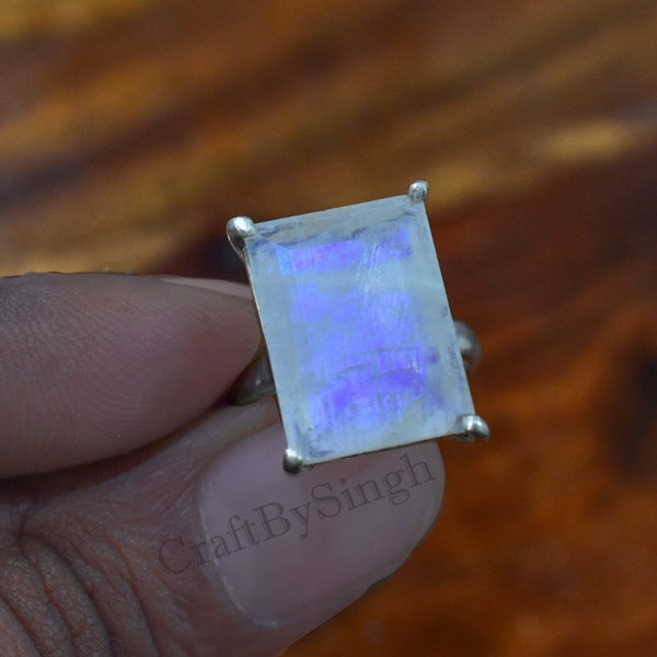Natural Moonstone Ring, Emerald Cut Moonstone, 925 sterling silver, Rectangle Moonstone Ring, Solid Handmade, Women Ring, Statement Ring