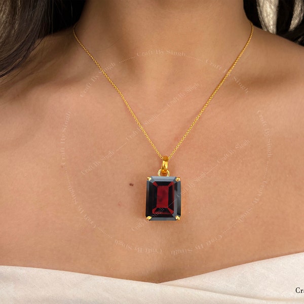 Large Garnet Emerald Cut Pendant Necklace, 14k Gold Fill or 925 Sterling Silver, Women Statement Necklace, January Birthstone,Mother Gift