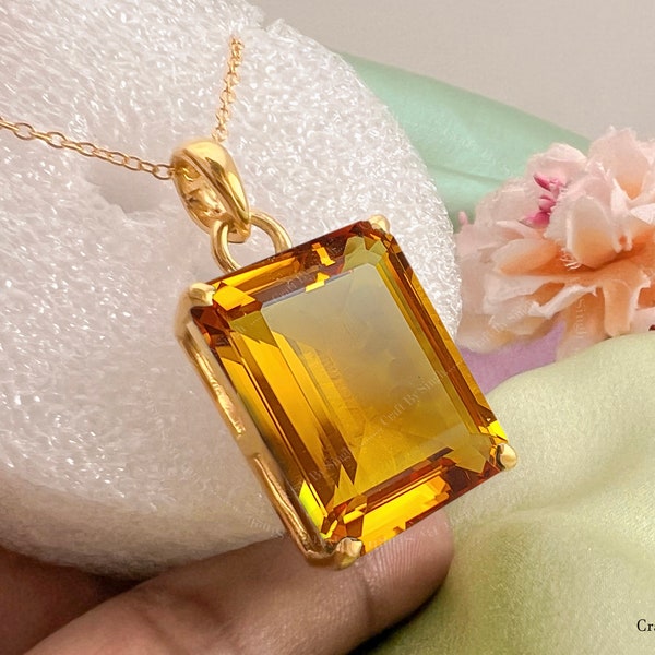 Grand pendentif citrine, taille émeraude 18 x 23 mm, or 14 carats ou argent 925, collier avec pierre jaune foncé, cadeau de pierre de naissance en novembre, solide fait main