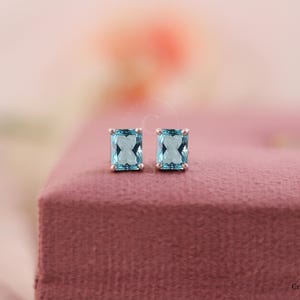 Radiant Cut Aquamarine Stud Earrings, 14k Gold Vermeil 7x9mm Aquamarine Earrings, Minimal Simple Everyday Studs, S925 Handmade Gift Jewel