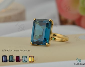 London Blue Topas 12 x 16 Ring im Smaragdschliff, 925 Sterlingsilber oder 14k Vermeilgold, Cocktailring, Statement-Frauenring, Muttertagsgeschenk