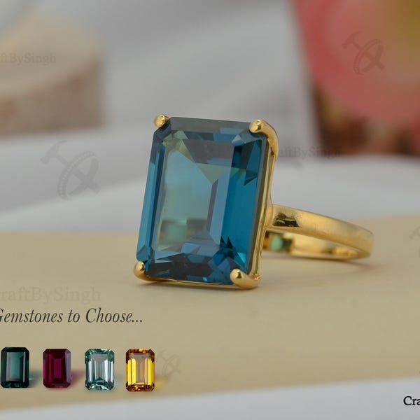 London Blue Topaz 12 x 16 smaragdslipad ring, 925 sterlingsilver eller 14k guld vermeil, cocktailring, statement-ring för kvinnor, mors dag-present