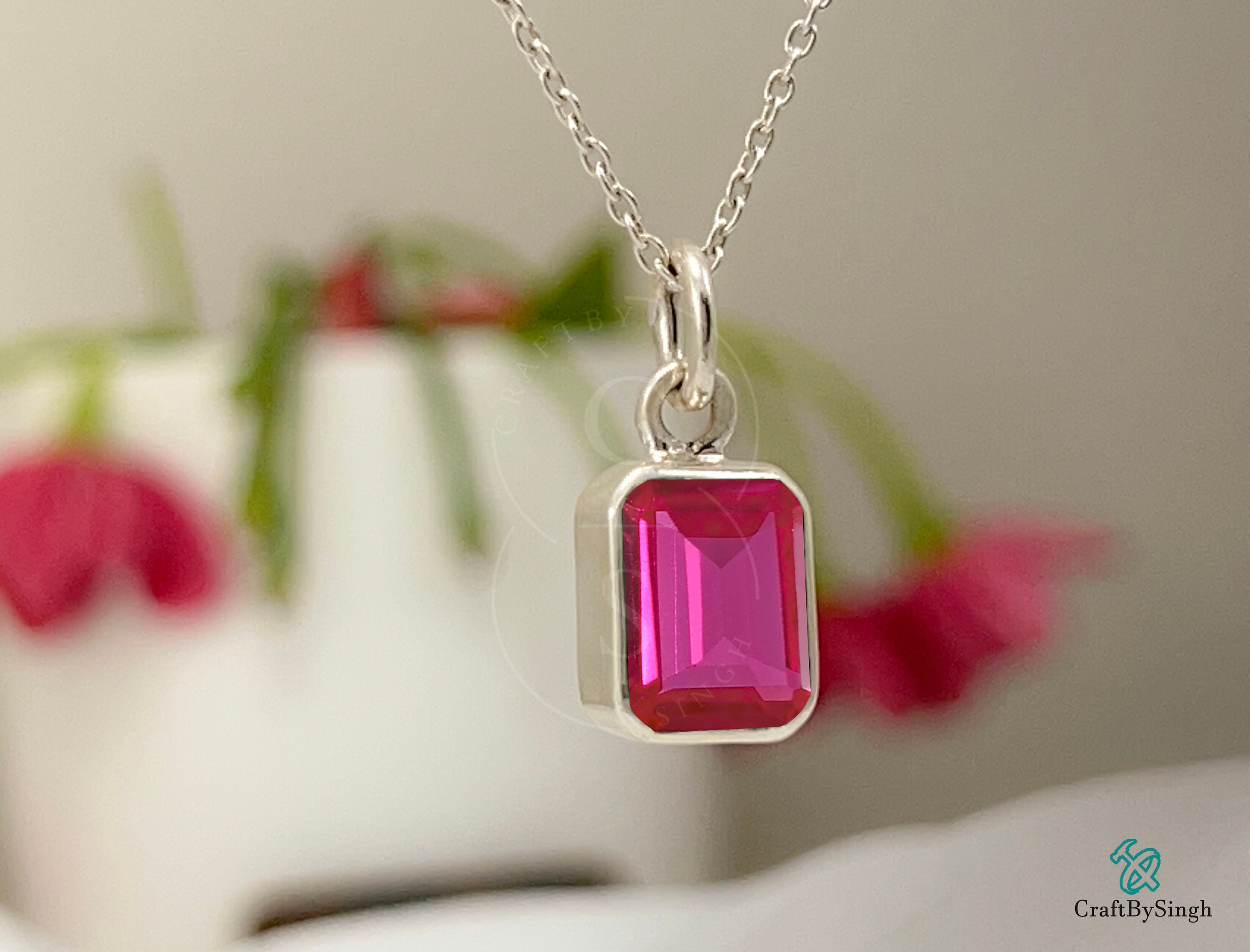 Collier délicat avec pendentif taille émeraude en rubellite, argent sterling 925, vermeil or 14 carats, pierre précieuse rose foncé, bijou cadeau d'anniversaire de mariage - France
