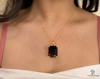 Large Smoky Quartz Pendant Necklace, 14k Gold fill or Sterling Silver, Emerald Cut 18 x 23 mm Statement Necklace, Brown Stone Women Necklace