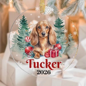 A round, clear acrylic Christmas ornament featuring a watercolor-style portrait of a long-haired, cream-colored dachshund. The dog is positioned in the center, flanked by green watercolor evergreen trees with small red spherical ornaments. Red text below the dog reads "Tucker," with "2026" in smaller black text beneath it. White snowflake accents are printed around the image. The ornament has a gold-colored ribbon loop attached to the top.