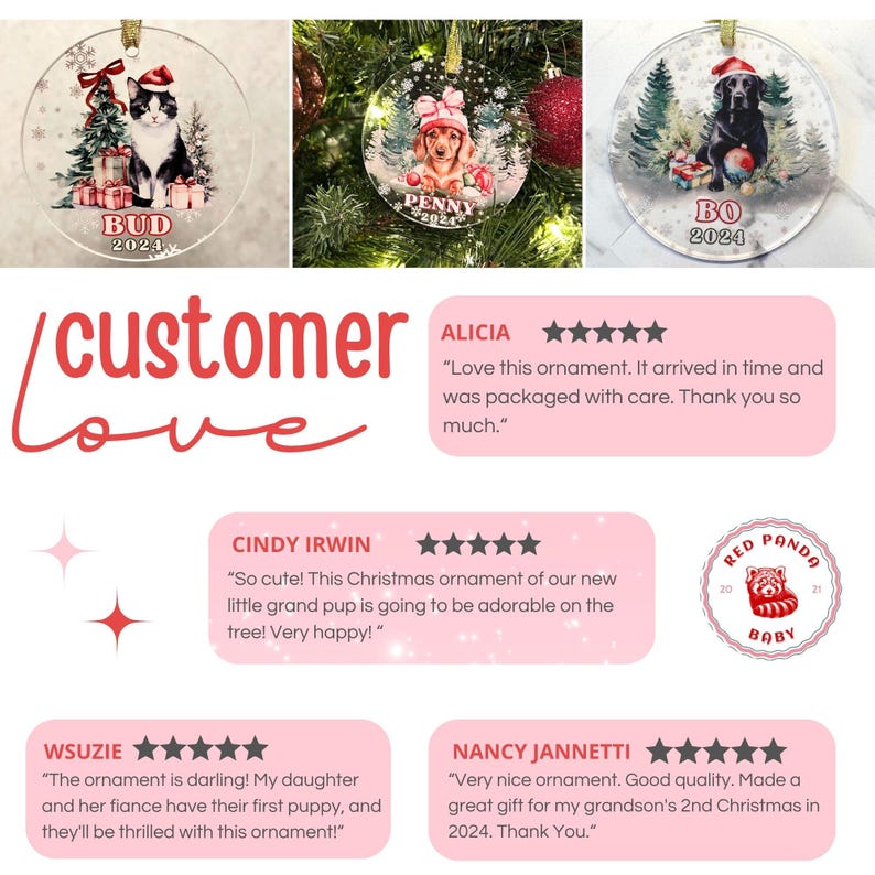 May include: Three circular clear acrylic Christmas ornaments featuring illustrations of pets wearing Santa hats. One shows a black and white cat named Bud, one a dachshund named Penny, and one a black dog named Bo, all dated 2024 with gift boxes.