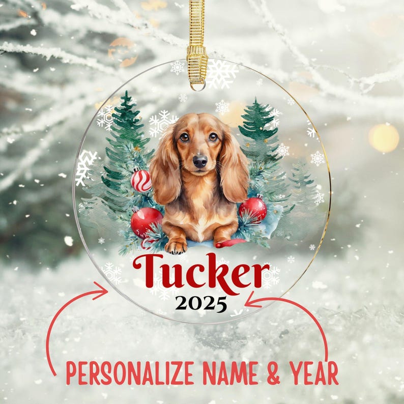 May include: A round clear acrylic ornament featuring a long-haired brown dachshund illustration, green pine trees, red ornaments, and white snowflakes. The text Tucker and 2025 are printed in red and black. A gold ribbon loop is attached at the top.