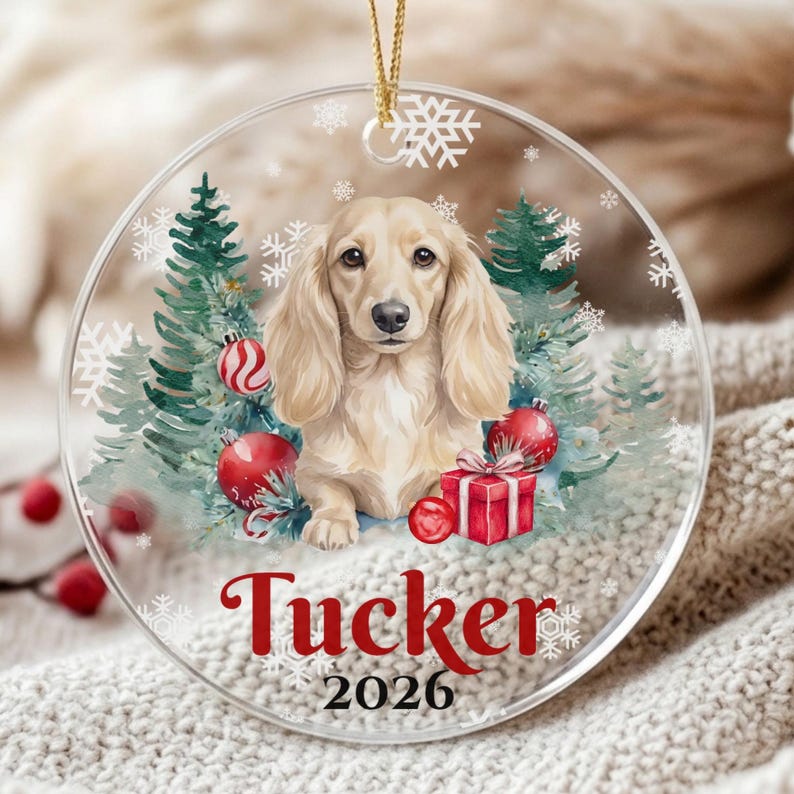 May include: A round clear acrylic Christmas ornament featuring a cream-colored long-haired dachshund, green pine trees, red ornaments, and a red gift box. The design includes white snowflakes and the red text Tucker 2026 printed on the front.
