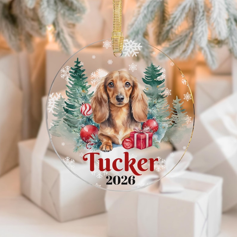 A round, clear acrylic Christmas ornament featuring a watercolor-style portrait of a long-haired, cream-colored dachshund. The dog is positioned in the center, flanked by green watercolor evergreen trees with small red spherical ornaments. Red text below the dog reads "Tucker," with "2026" in smaller black text beneath it. White snowflake accents are printed around the image. The ornament has a gold-colored ribbon loop attached to the top.