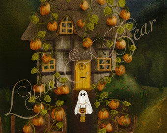 Pumpkin cottage ghost Halloween art print