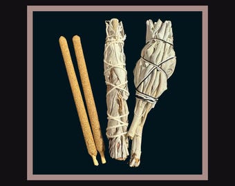 May include: Three bundles of dried white sage smudge sticks, two are tied with twine and one is loose, and two brown incense sticks.