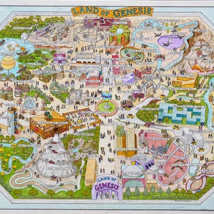 May include: A detailed, hand-drawn map titled "Land of Genesis", depicting a theme park with various attractions. The map includes illustrations of a Ferris wheel, roller coaster, and water features, with numerous buildings, trees, and people.