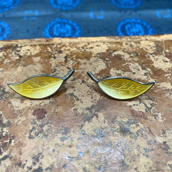 Vintage Earrings - Sterling Silver Yellow Leaf Guilloche Enamel by David Andersen Norway - 1 1/2” Length 1960s MCM