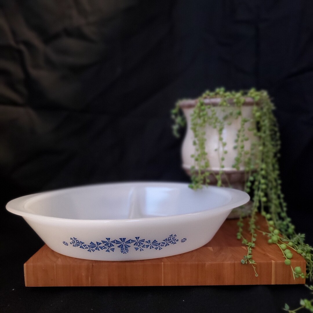 Vintage Glasbake blue Pinwheel Pattern on Divided Ovular Milk Glass Etsy