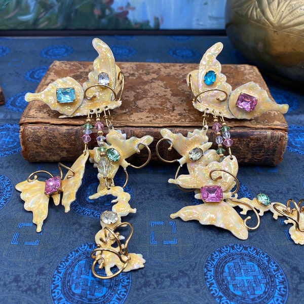 Vintage 1990s Lunch at the Ritz Earrings LATR Goldtone Butterflies with Glittering Rhinestones