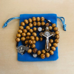 Handmade Olive Wood St. Benedict Wooden Rosary with Gift Pouch