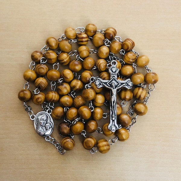 Olive Wood Catholic Rosary, Round Wood Beads, Jerusalem Soil Crucifix