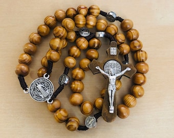 Olive Wood St. Benedict Rosary, Handmade Catholic Rosary, Wooden Prayer Beads