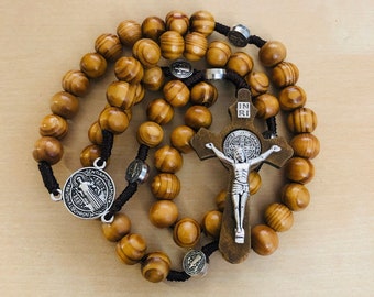 Olive Wood St. Benedict Rosary, Handmade Catholic Rosary, Wooden Prayer Beads