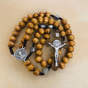 Olive Wood St. Benedict Rosary, Handmade Catholic Rosary, Wooden Prayer Beads