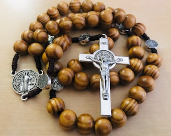 Olive Wood Rosary St. Benedict Medals, Handmade Catholic Rosary From Jerusalem