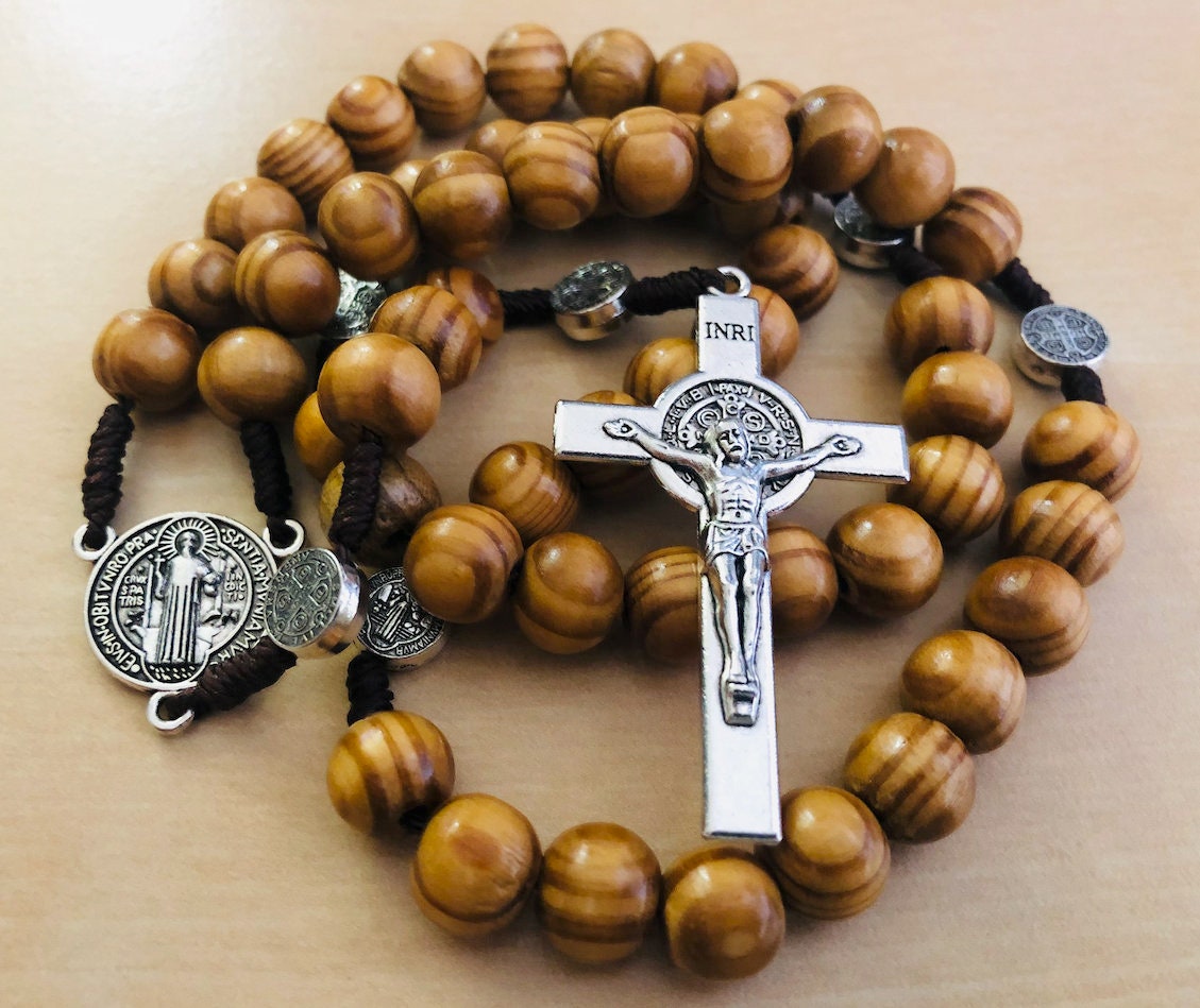 Olive Wood Rosary St. Benedict Medals, Handmade Catholic Rosary