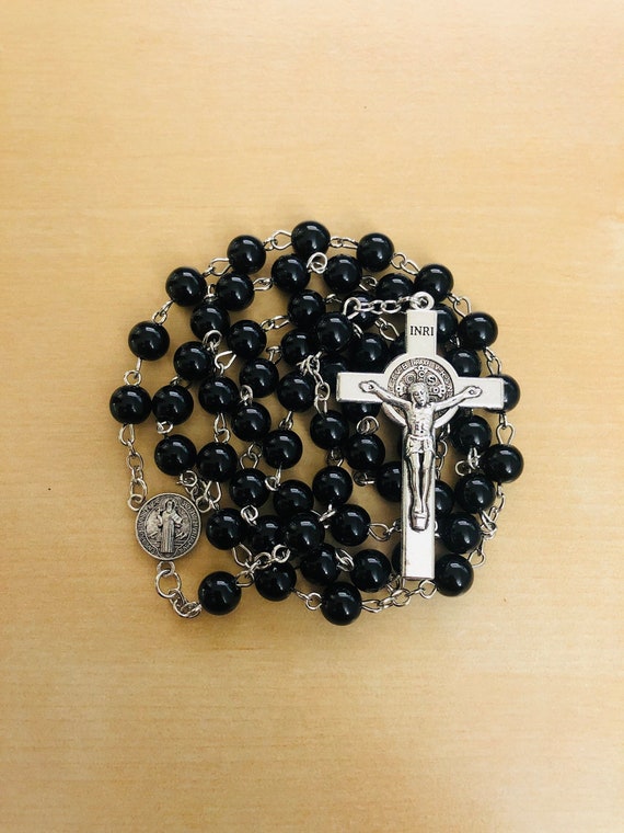 Rosary Prayer Beads INRI Black Crystal Beaded Crucifix Necklace