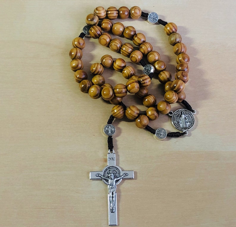 Olive Wood Rosary St. Benedict Medals, Handmade Catholic Rosary From Jerusalem image 7