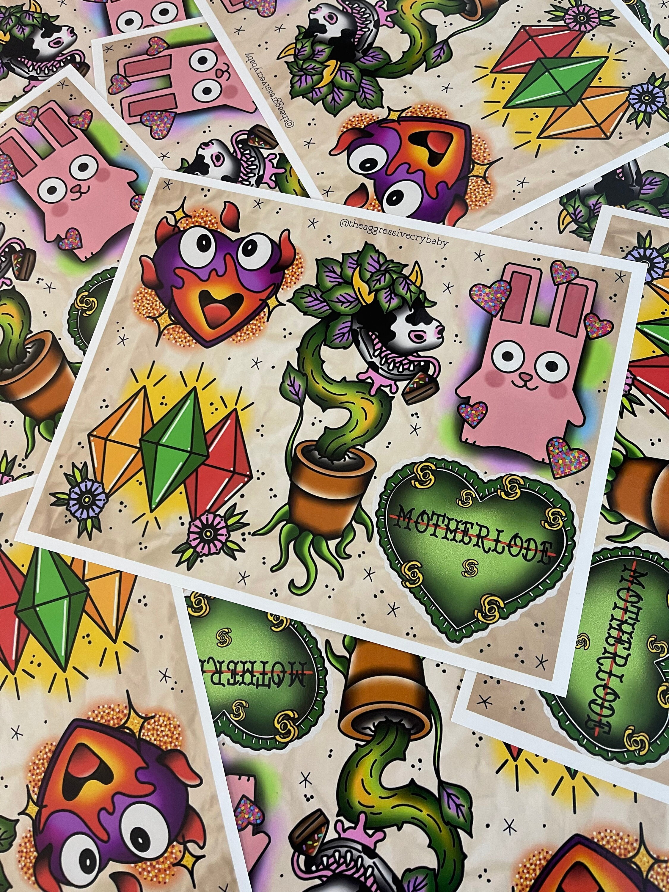 The Sims Traditional Tattoo Flash Sheet Art Print - Etsy
