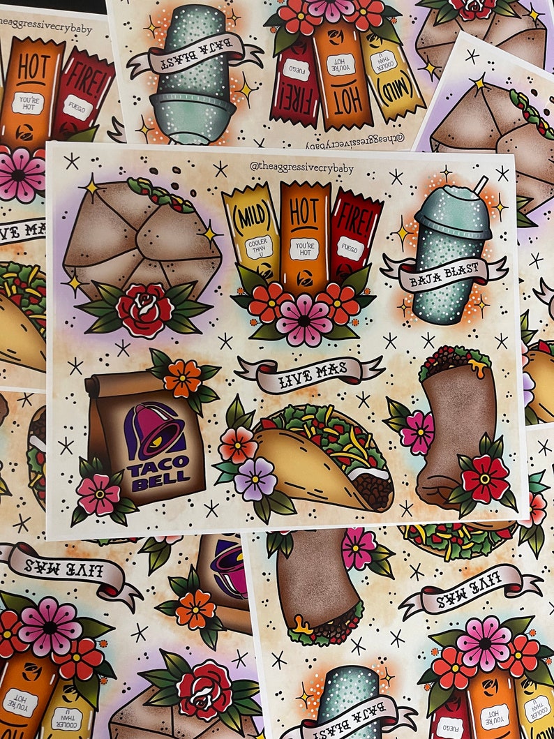 Taco Traditional Tattoo Flash Sheet Art Print - Etsy