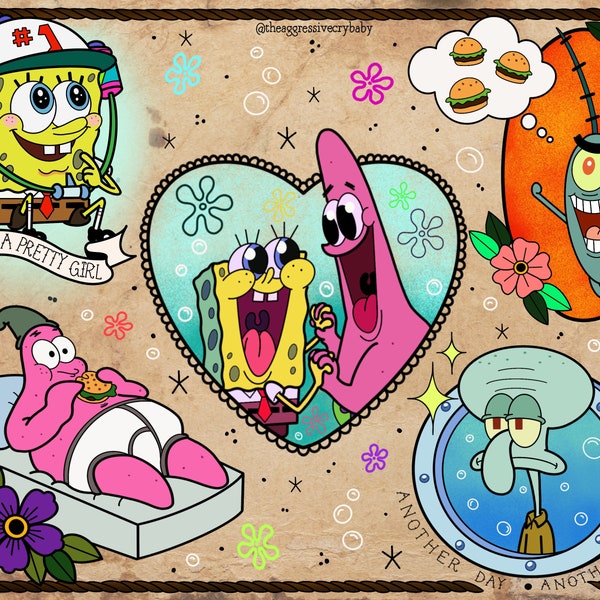 Spongebob Traditional Tattoo Flash Sheet Art Print