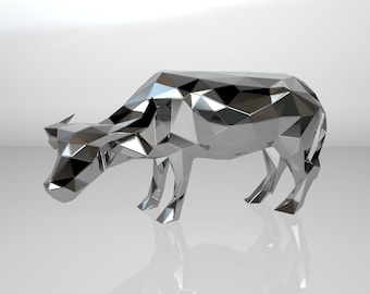 May include: A silver, geometric, low-poly sculpture of a buffalo or bull. The sculpture is made of many small triangles and has a reflective surface.