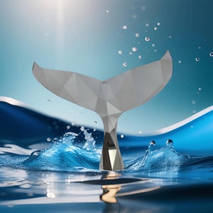May include: A white, geometric whale tail sculpture emerging from blue water with splashes of water around it.