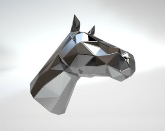 Vorlage-DIY für Metallskulptur - Schnittmuster der Büste eines Pferdes Low-Poly-Modell in DXF und PDF - Blueprints der Statue für die Montage aus CNC-Schneiden