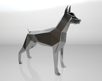 Modèle bricolage pour sculpture en métal - Modèle de chien doberman low poly DXF et PDF - Plans de la statue à assembler à partir de la découpe CNC