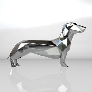 May include: A silver, geometric, low-poly dachshund sculpture. The sculpture is made of many small triangles that create a 3D effect.