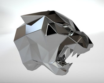 Plantilla diy para escultura en metal – Patrón de busto de jaguar modelo Low Poly en DXF y PDF – Planos de estatua para montaje a partir de corte CNC