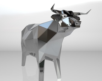 May include: A silver, geometric, abstract sculpture of a bull. The sculpture is made of many triangles and is highly reflective.