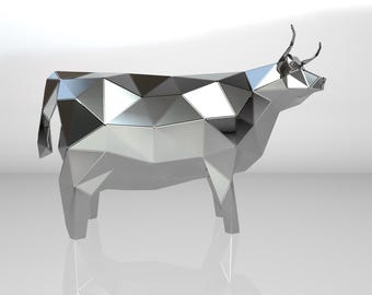 Vorlage-DIY für Metallskulptur - Muster eines Low-Poly-Modells Kuh im DXF- und PDF-Format - Entwürfe der Statue für die Montage aus dem CNC-Schneiden