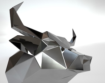 Template diy for metal sculpture – Pattern of Cow Head lowpoly model DXF and PDF Format – Blueprints of statue for Assembly from CNC cutting